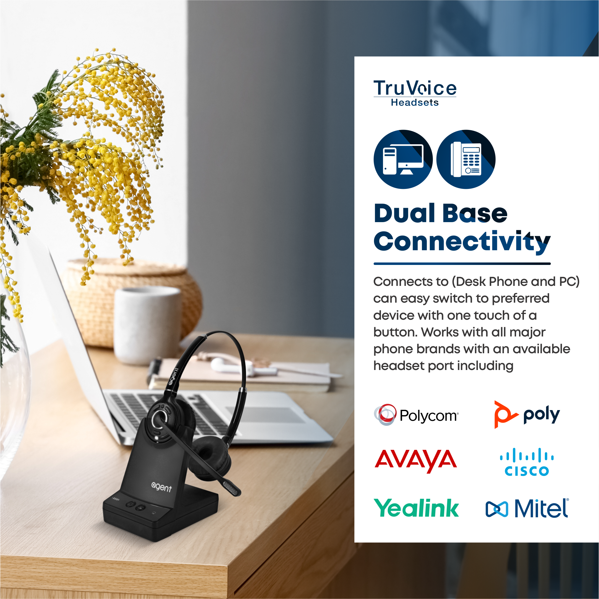 TruVoice Agent AW60 Duo Wireless Dect Headset (Dual Connectivity)