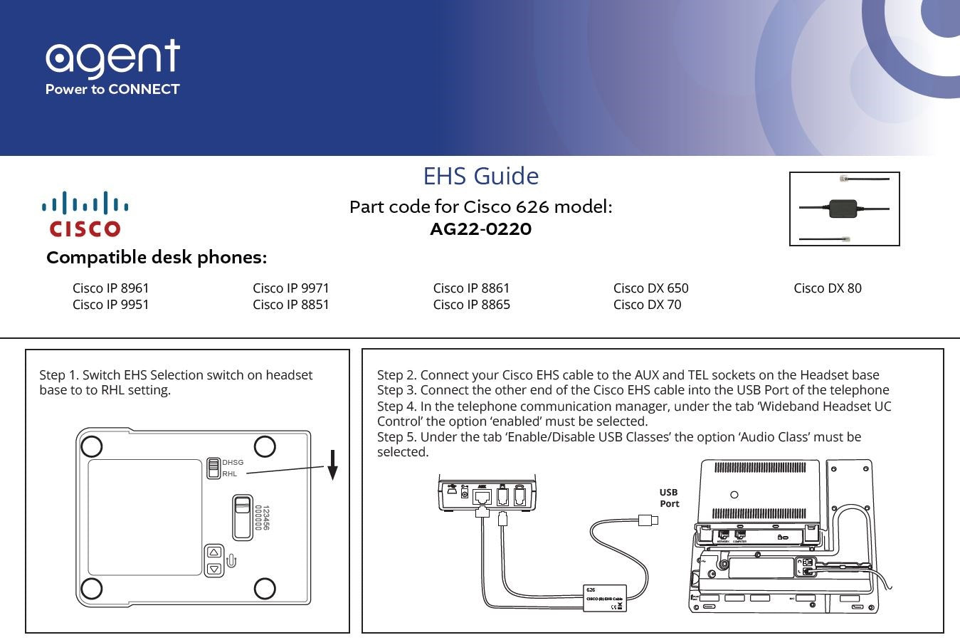 TruVoice Agent 626 EHS Cable for Cisco 88xx, 89xx and DX Series Phones