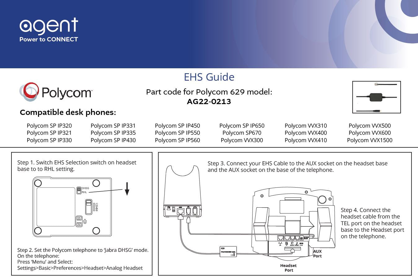 TruVoice Agent 629 EHS Adapter Cable for Polycom Phones