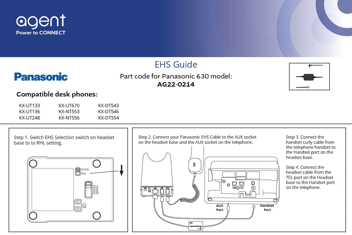 TruVoice Agent 630 EHS Adapter Cable for Panasonic KX Phone Range