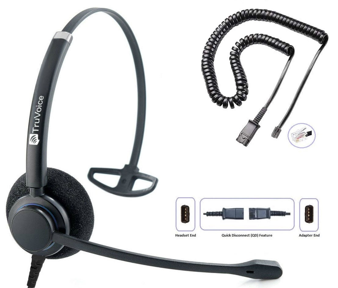 TruVoice HD-100 Single Ear Noise Canceling Headset Including QD Cable for Polycom VVX and SoundPoint Models of Telephone