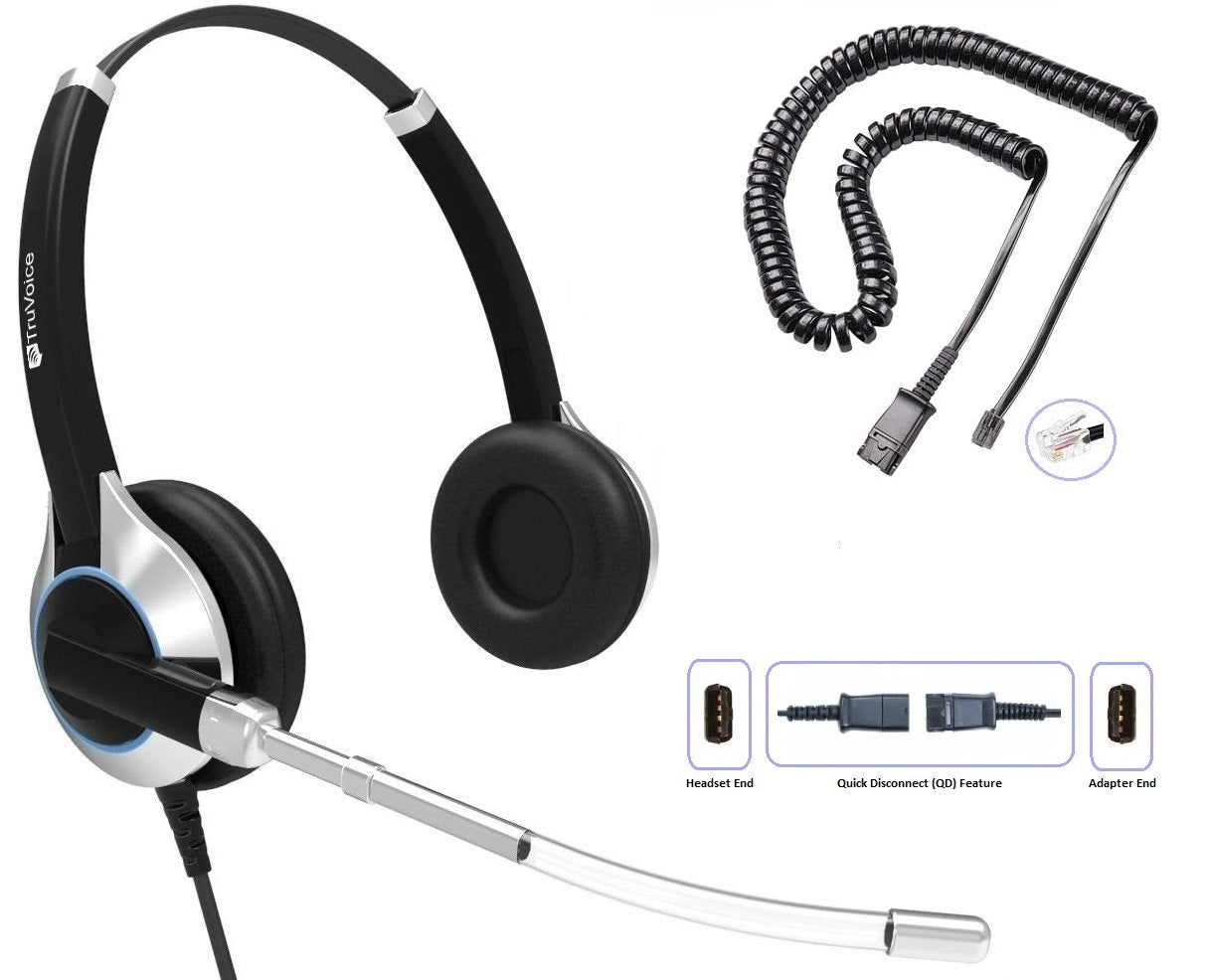 TruVoice HD-350 Double Ear Voice Tube Headset Including QD Cable for Polycom VVX and SoundPoint Models of Telephone