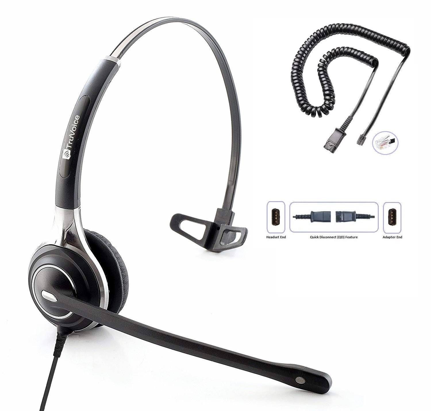 TruVoice HD-700 Single Ear Noise Canceling Headset Including QD Cable for Polycom VVX and SoundPoint Models of Telephone